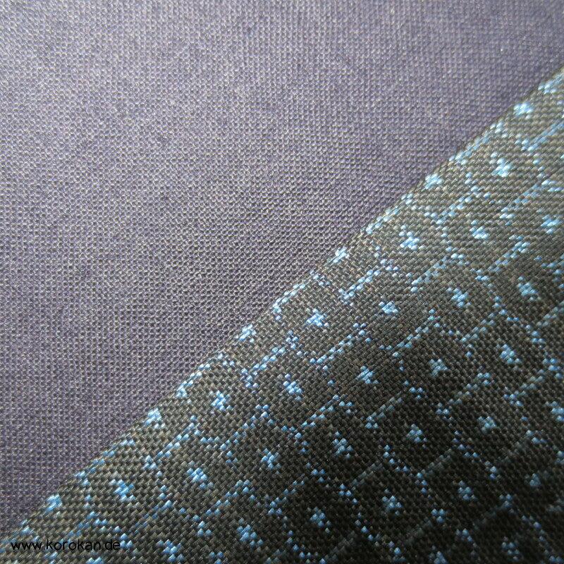 Kimono und Haori Set in blau schwarzer Kasuri Tsumugi Seide, Dorfszene