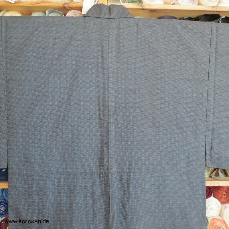 Kimono und Haori Set in blau schwarzer Kasuri Tsumugi Seide, große Welle