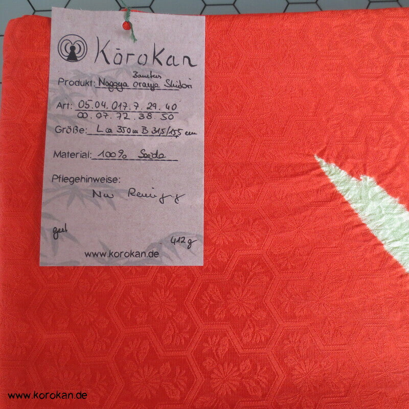 Shibori Bambus Nagoya Obi orangefarbener Rinzu Seiden Damast