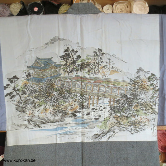 graue Tsumugi Seide Haori Kimono Jacke, Tempelfutter, gedeckte Brücke
