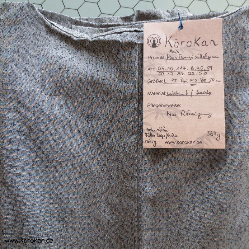 graue Tsumugi Seide Haori Kimono Jacke, Tempelfutter, gedeckte Brücke