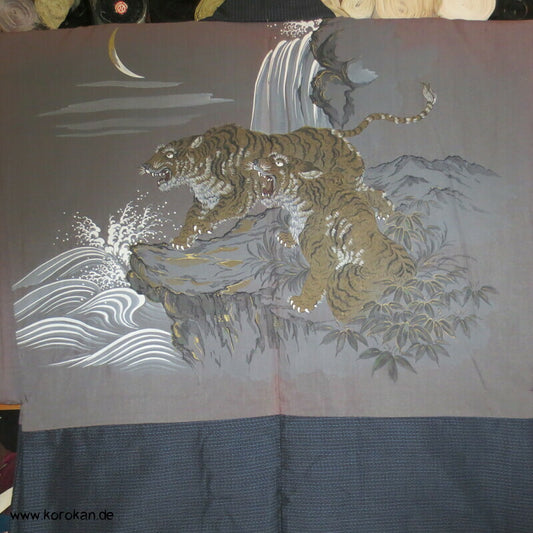 zwei Tiger bei Nacht Futter Haori Kimono Jacke, Tsumugi Seide