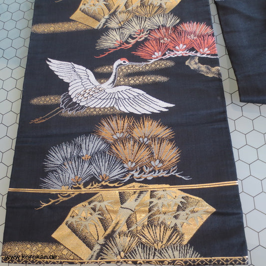 Kraniche und Fächer auf schwarz Nagoya Brokat Obi