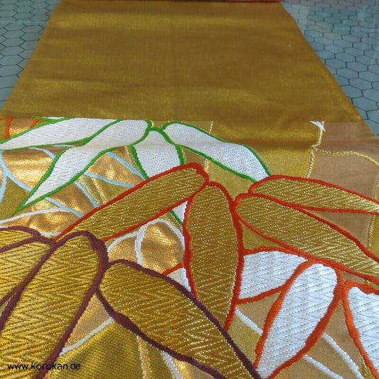 Bambus auf goldenem Seiden Brokat Fukuro Obi Kimonogürtel