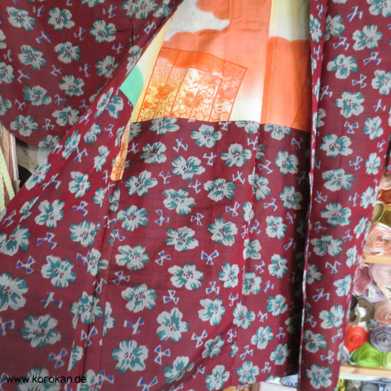 weinrot mit Blüten Meisen Seiden Haori Kimono Jacke