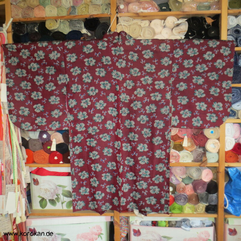 weinrot mit Blüten Meisen Seiden Haori Kimono Jacke