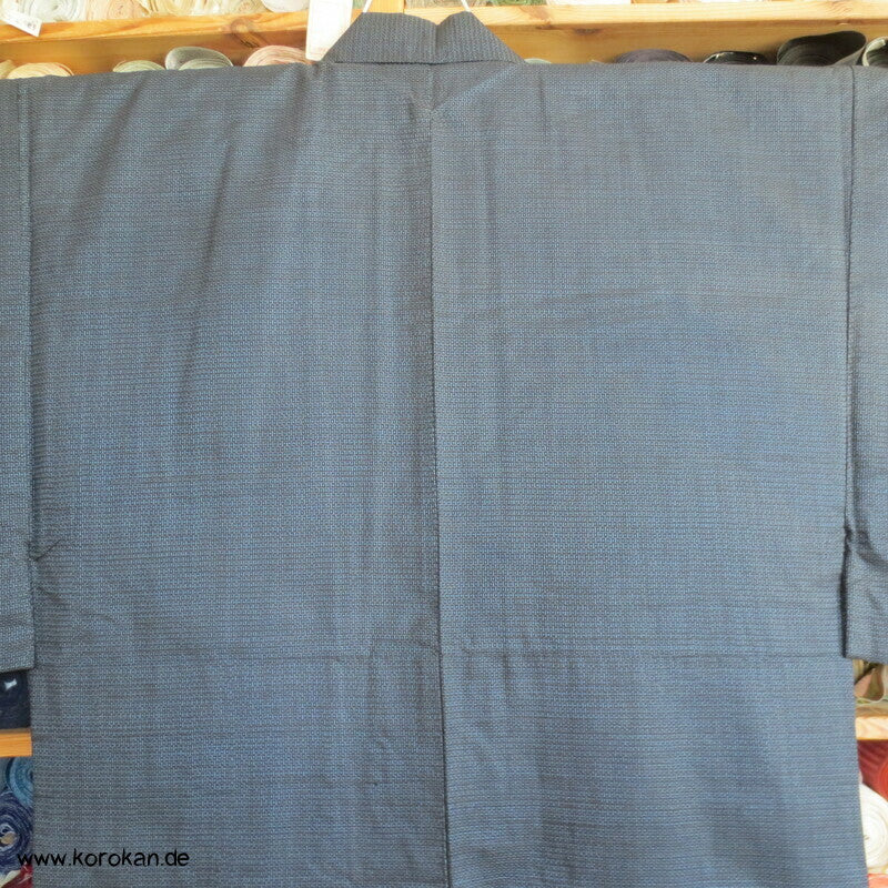 Kimono und Haori Set in blau schwarzer Kasuri Tsumugi Seide, goldener Bambus