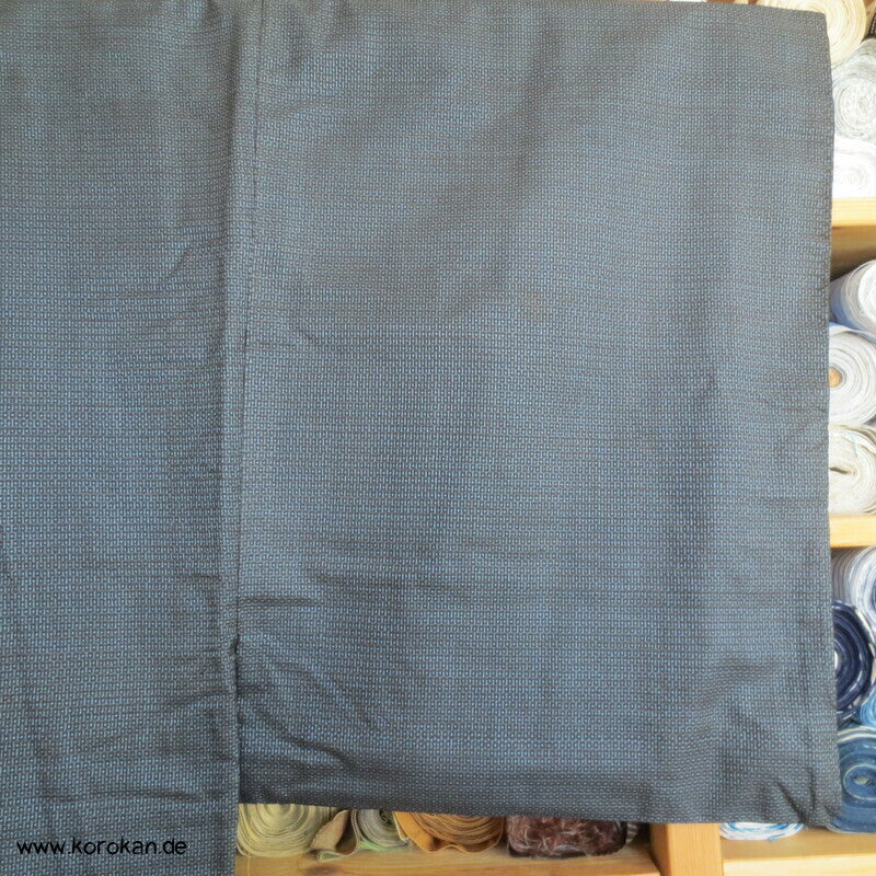 Kimono und Haori Set in blau schwarzer Kasuri Tsumugi Seide, goldener Bambus