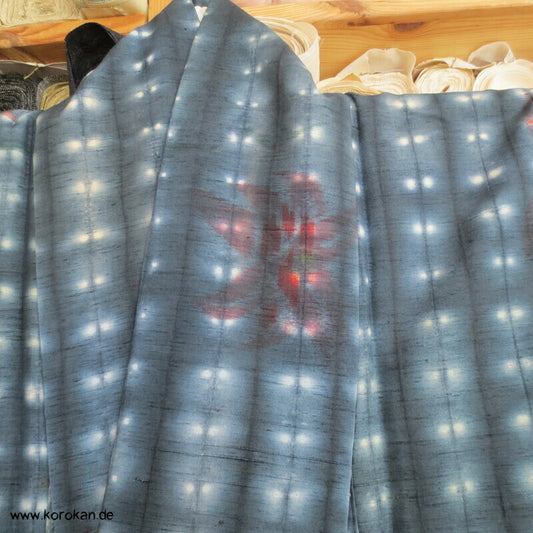 japanischer Itajime Näh Faltbatik Tsumugi Seiden Kimono - mit Blüten
