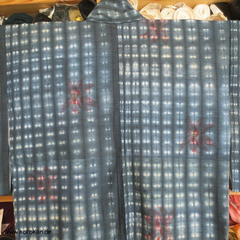 japanischer Itajime Näh Faltbatik Tsumugi Seiden Kimono - mit Blüten