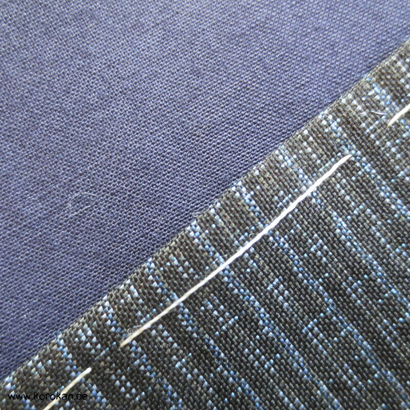 Kimono und Haori Set in blau schwarzer Kasuri Tsumugi Seide, Münzen