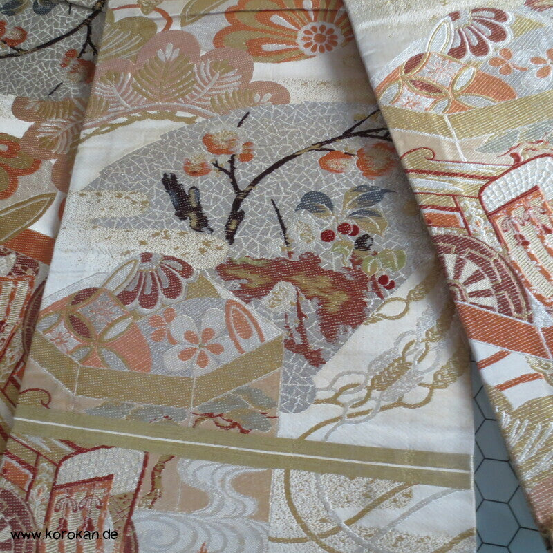 Fächer, Genji Guruma, Blüten, Muscheln, etc.. antiker Maru Obi