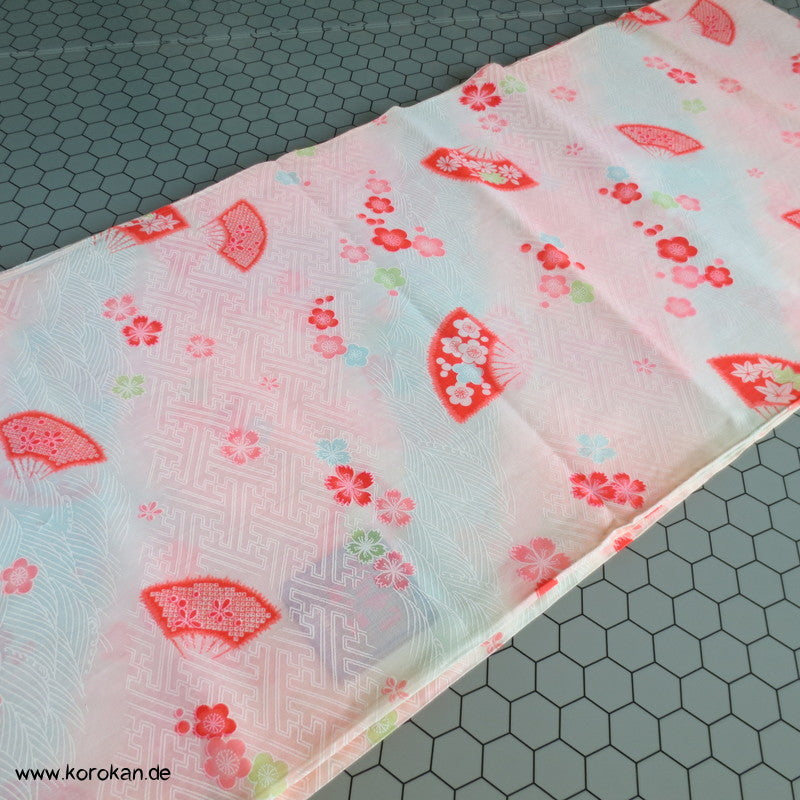 Juban Kimono Wollmusselin Fächer und Blüten auf Sayagata Bokashi
