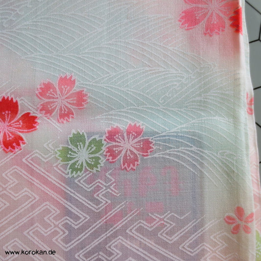 Juban Kimono Wollmusselin Fächer und Blüten auf Sayagata Bokashi