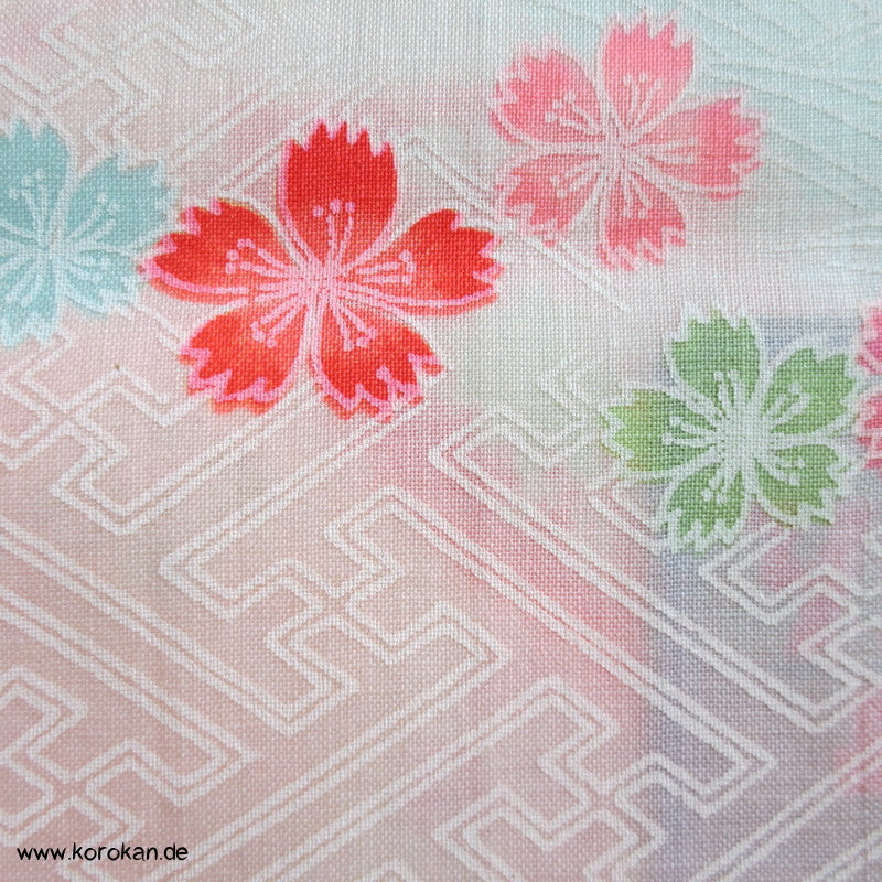 Juban Kimono Wollmusselin Fächer und Blüten auf Sayagata Bokashi