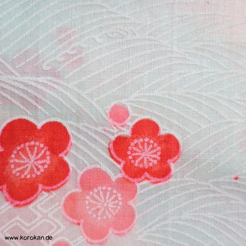 Juban Kimono Wollmusselin Fächer und Blüten auf Sayagata Bokashi