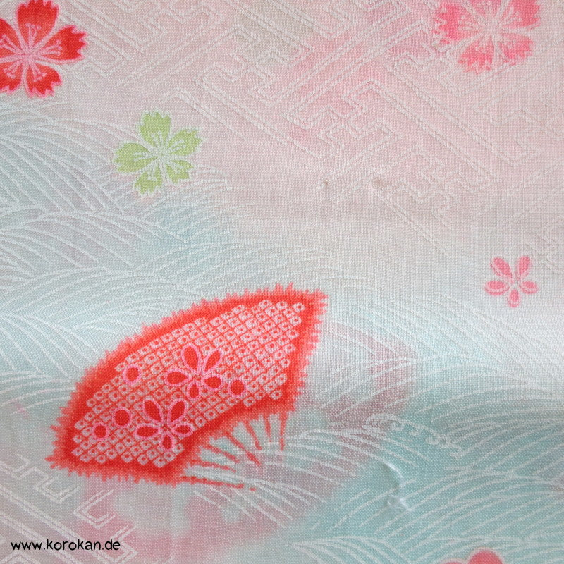 Juban Kimono Wollmusselin Fächer und Blüten auf Sayagata Bokashi