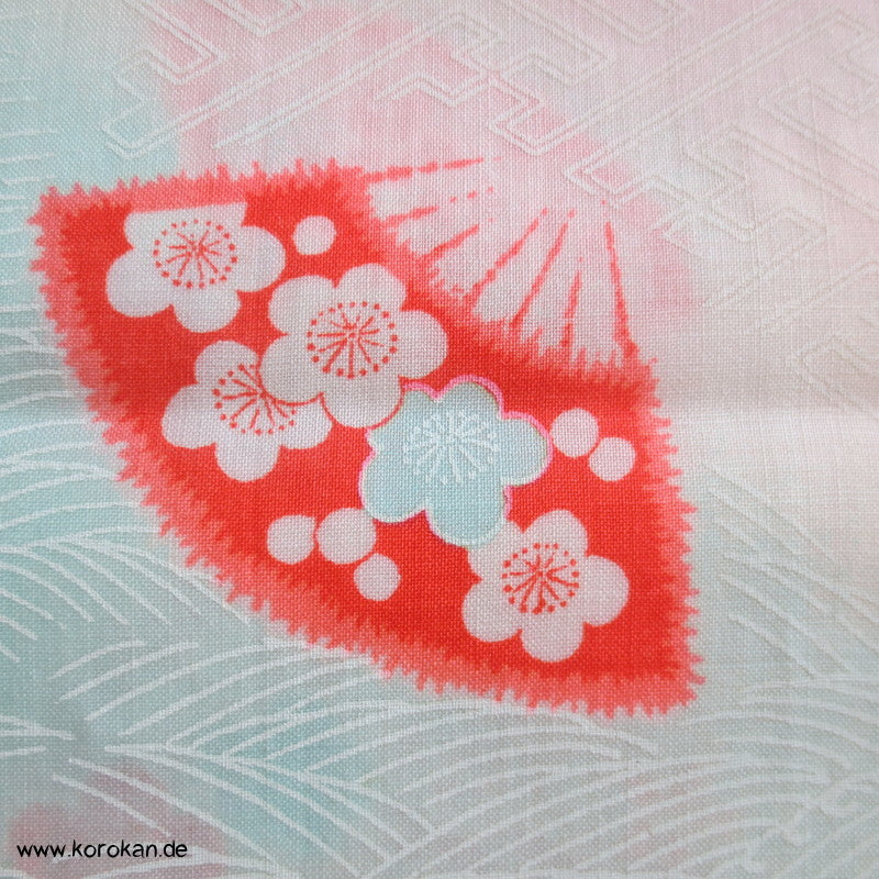 Juban Kimono Wollmusselin Fächer und Blüten auf Sayagata Bokashi