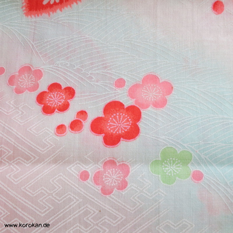 Juban Kimono Wollmusselin Fächer und Blüten auf Sayagata Bokashi