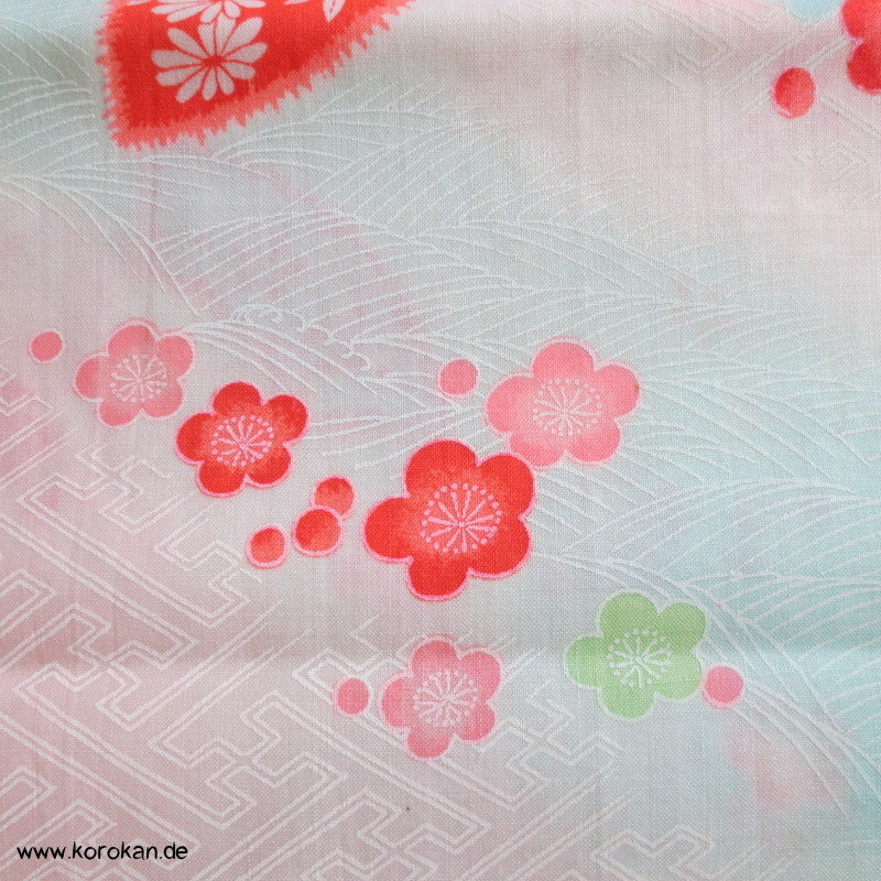 Juban Kimono Wollmusselin Fächer und Blüten auf Sayagata Bokashi