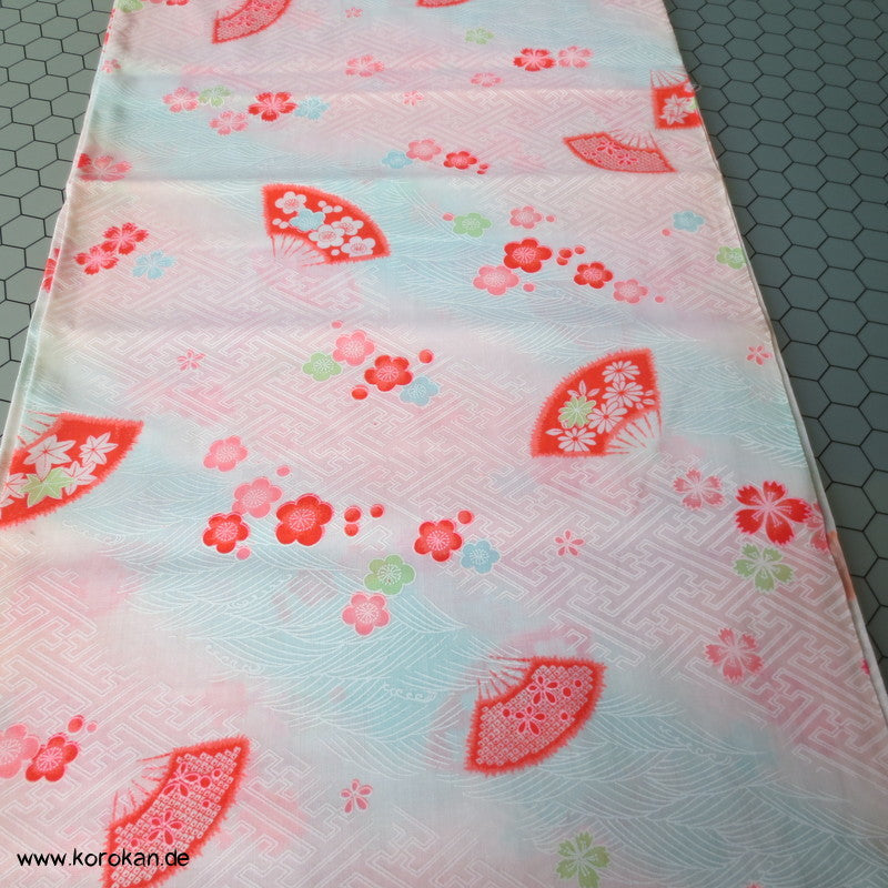 Juban Kimono Wollmusselin Fächer und Blüten auf Sayagata Bokashi