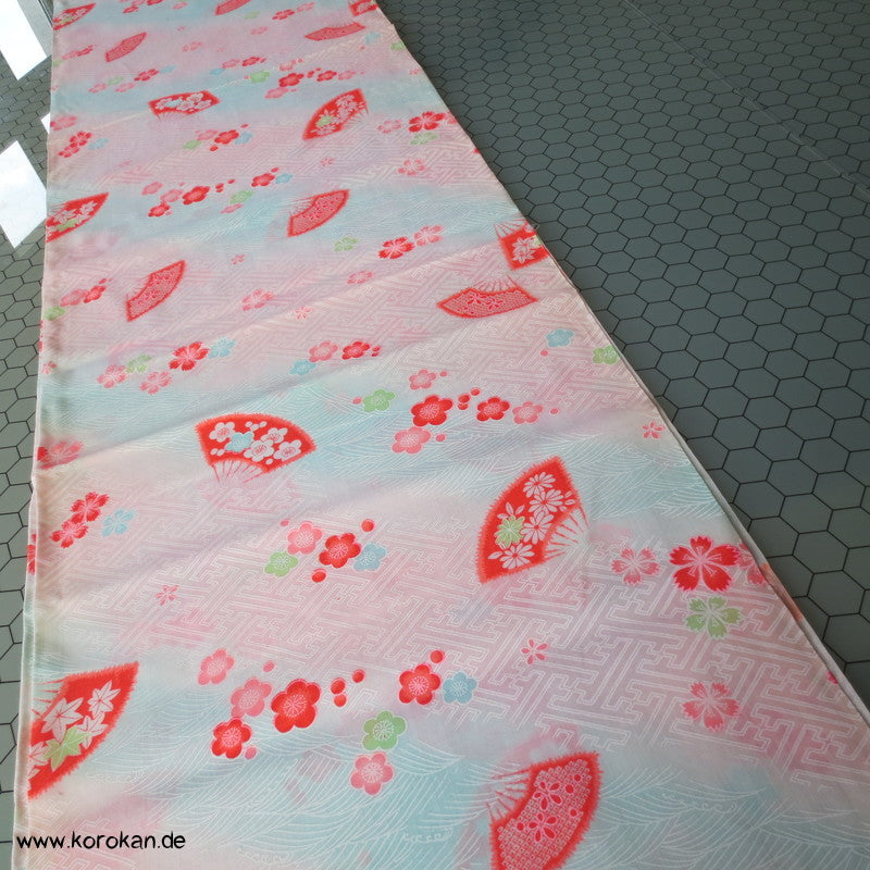 Juban Kimono Wollmusselin Fächer und Blüten auf Sayagata Bokashi