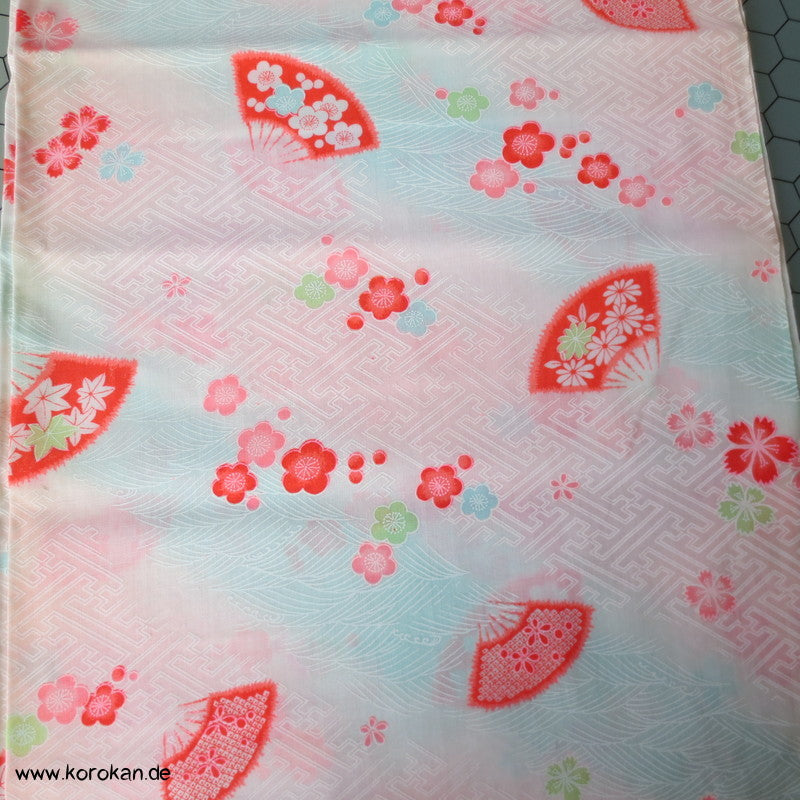 Juban Kimono Wollmusselin Fächer und Blüten auf Sayagata Bokashi