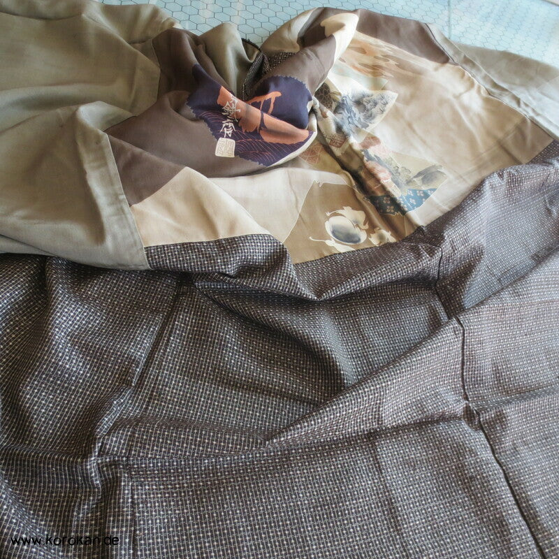Kimono und Haori Set in dunkelbrauner Kasuri Tsumugi Seide, Fuji san
