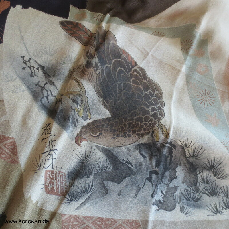 Kimono und Haori Set in dunkelbrauner Kasuri Tsumugi Seide, Fuji san