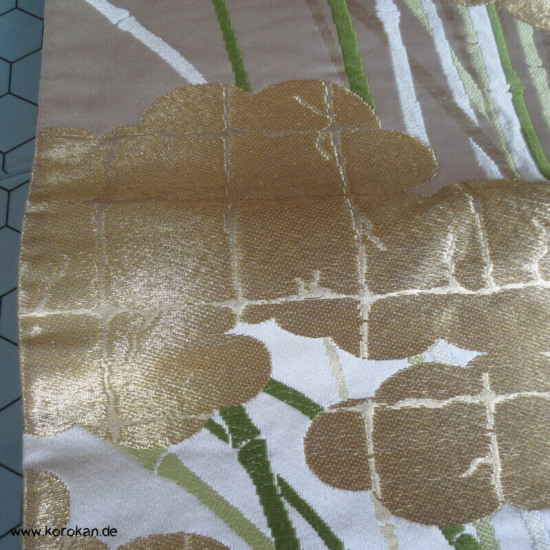 goldene Wolken und grüner Bambus Seiden Brokat Fukuro Obi Kimonogürtel