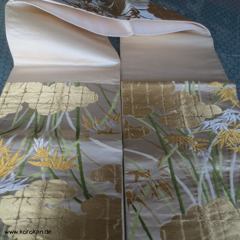 goldene Wolken und grüner Bambus Seiden Brokat Fukuro Obi Kimonogürtel