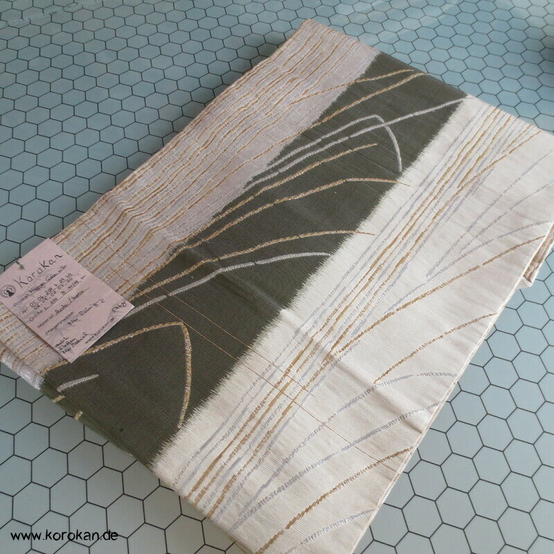 Japan Gräser gold, silber vor grün Nagoya Obi Seidenbrokat Kimonogürtel