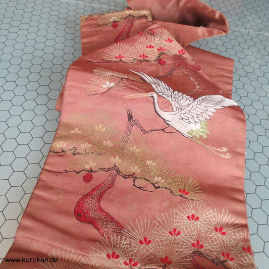 Kraniche auf Kiefern, antiker Japan Nagoya Seidenbrokat Obi, nur Material