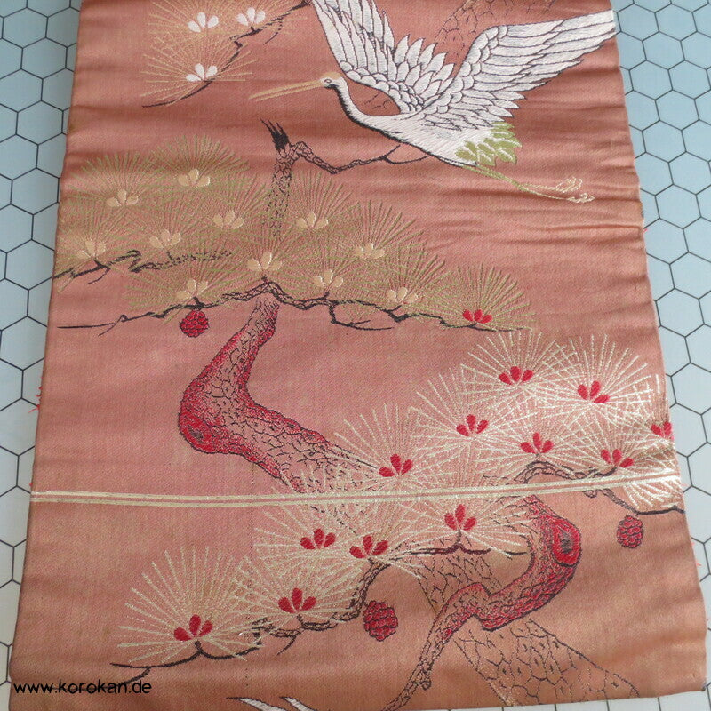 Kraniche auf Kiefern, antiker Japan Nagoya Seidenbrokat Obi, nur Material