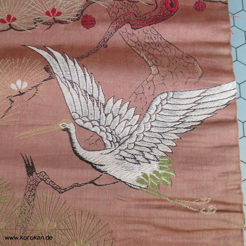 Kraniche auf Kiefern, antiker Japan Nagoya Seidenbrokat Obi, nur Material