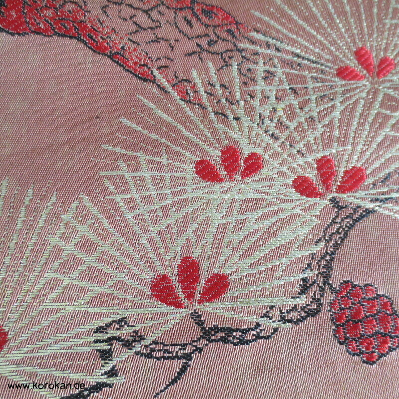 Kraniche auf Kiefern, antiker Japan Nagoya Seidenbrokat Obi, nur Material