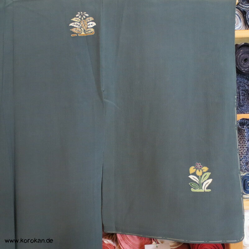 Hitoe ungefütterter Kimono, Blumen auf grauem Seiden Crepe