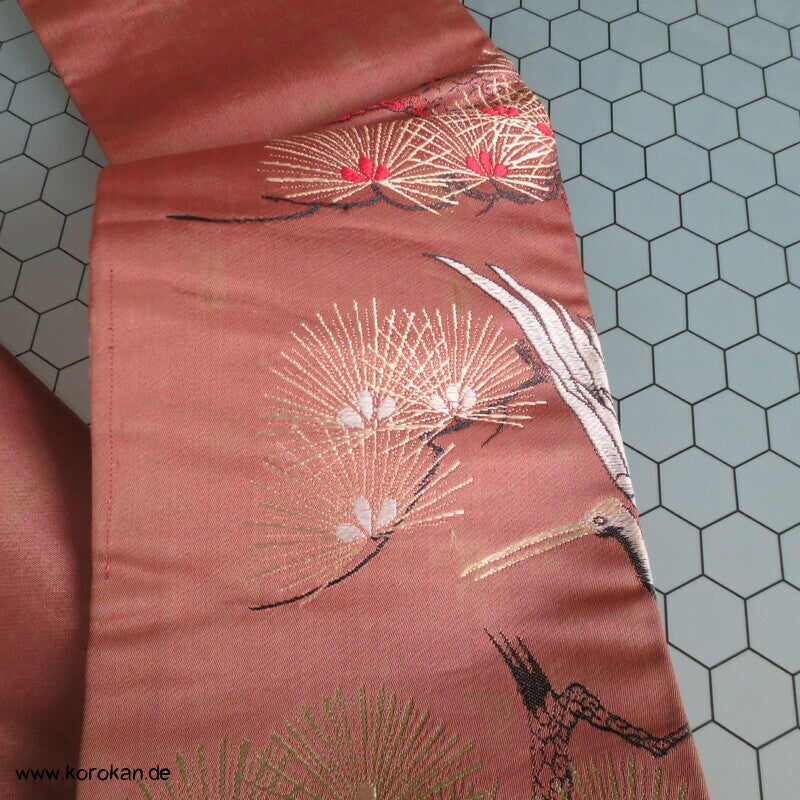 Kraniche auf Kiefern, antiker Japan Nagoya Seidenbrokat Obi, nur Material