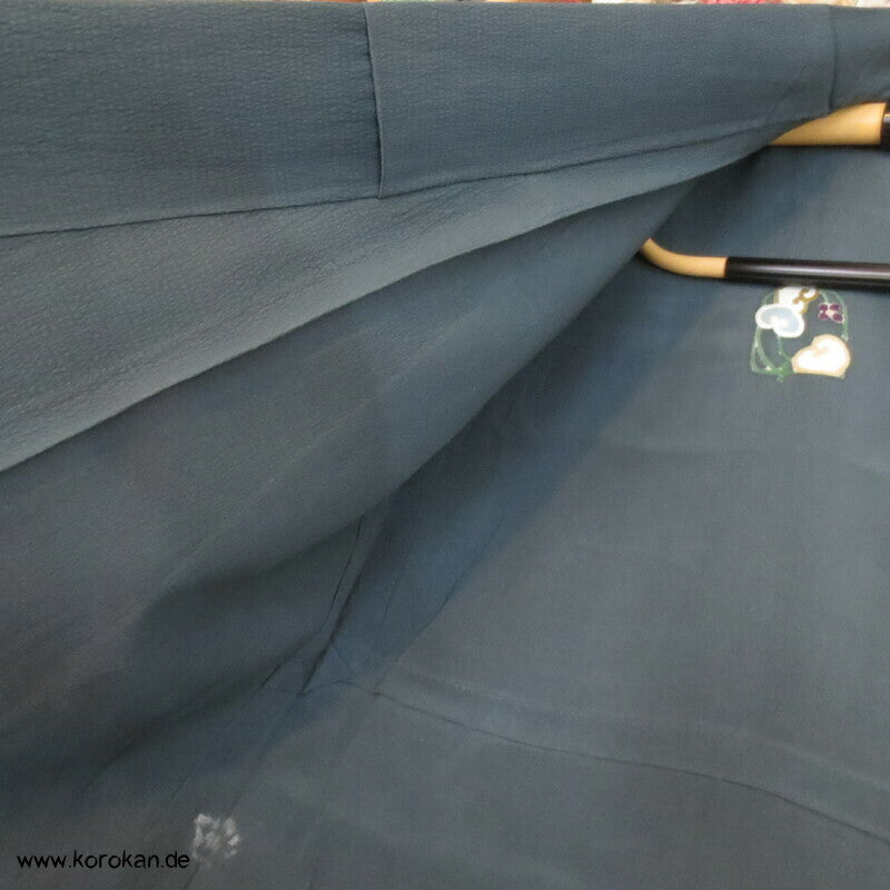 Hitoe ungefütterter Kimono, Blumen auf grauem Seiden Crepe