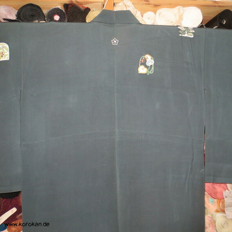 Hitoe ungefütterter Kimono, Blumen auf grauem Seiden Crepe