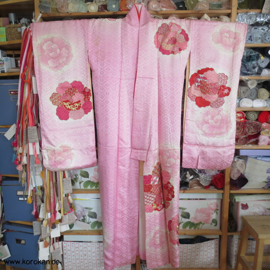 rosa mit Golddruck/ -stickerei Furisode Kimono