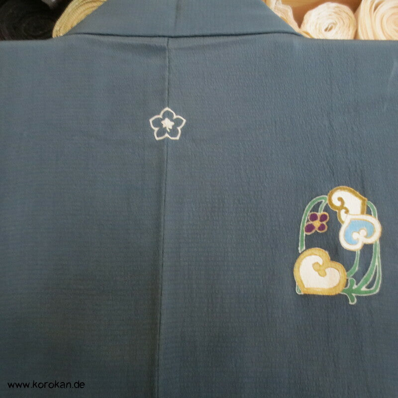 Hitoe ungefütterter Kimono, Blumen auf grauem Seiden Crepe