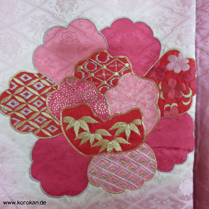 rosa mit Golddruck/ -stickerei Furisode Kimono
