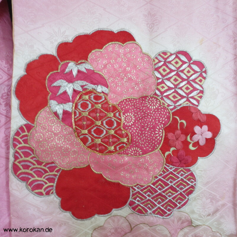rosa mit Golddruck/ -stickerei Furisode Kimono
