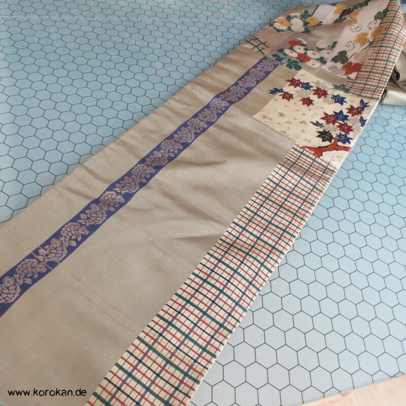 Japan Koi, Karo und Blüten Nagoya Obi Seidenbrokat Kimonogürtel