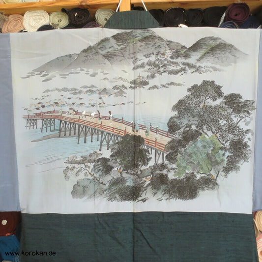 schwarzgrüne Fushi Tsumugi Seide Haori Männer Kimono Jacke, Brückenmotiv