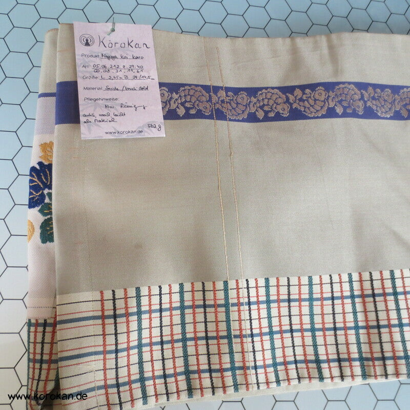 Japan Koi, Karo und Blüten Nagoya Obi Seidenbrokat Kimonogürtel