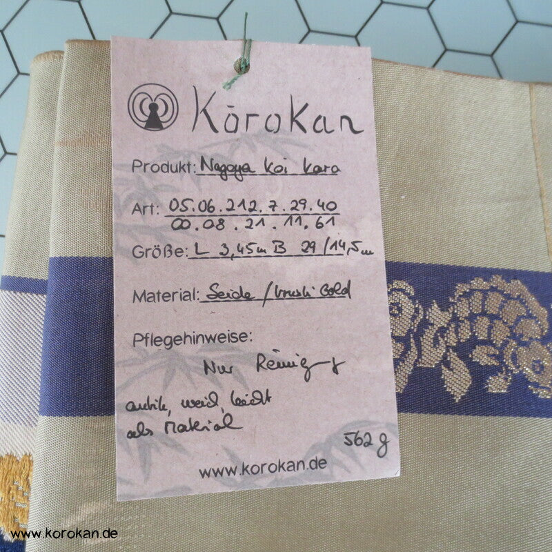 Japan Koi, Karo und Blüten Nagoya Obi Seidenbrokat Kimonogürtel