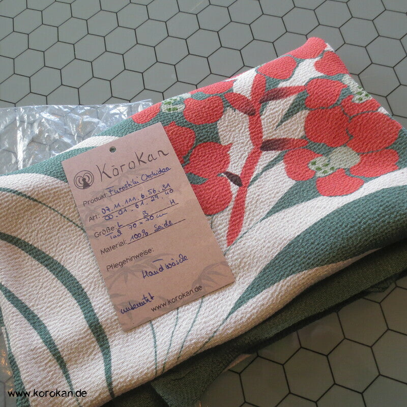 Furoshiki, Vintage unbenutzt, Orchidee, reine Seide