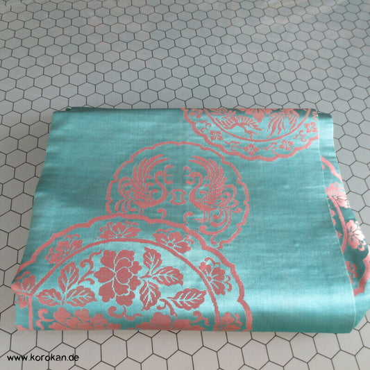 japanischer Phönix, Päonien, türkiser Satin Nagoya Obi Seidenbrokat Kimonogürtel